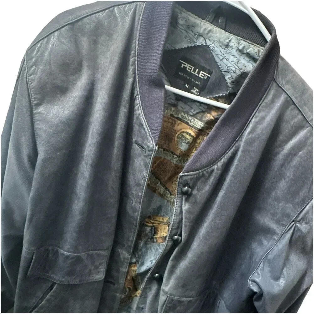 Pelle Mens M Genuine Leather Bomber Jacket Black Snap Front Missing 2 Buttons